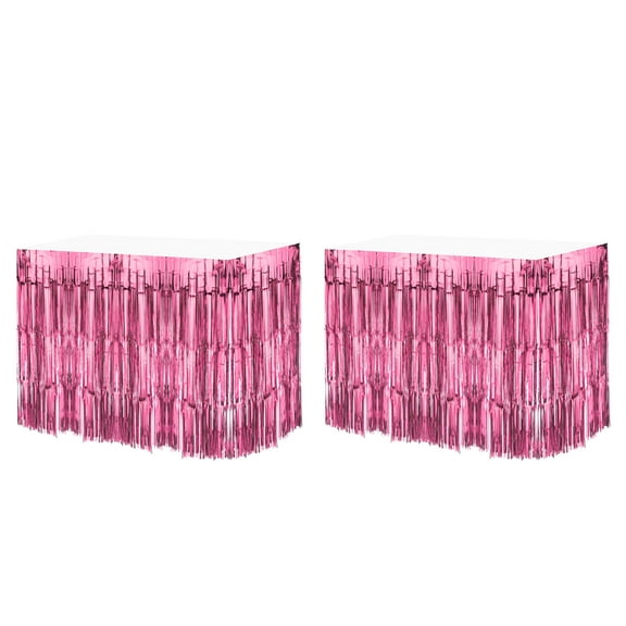 2 Pcs 29x108 Inch Pink Metallic Foil Fringe Tinsel Table Skirts