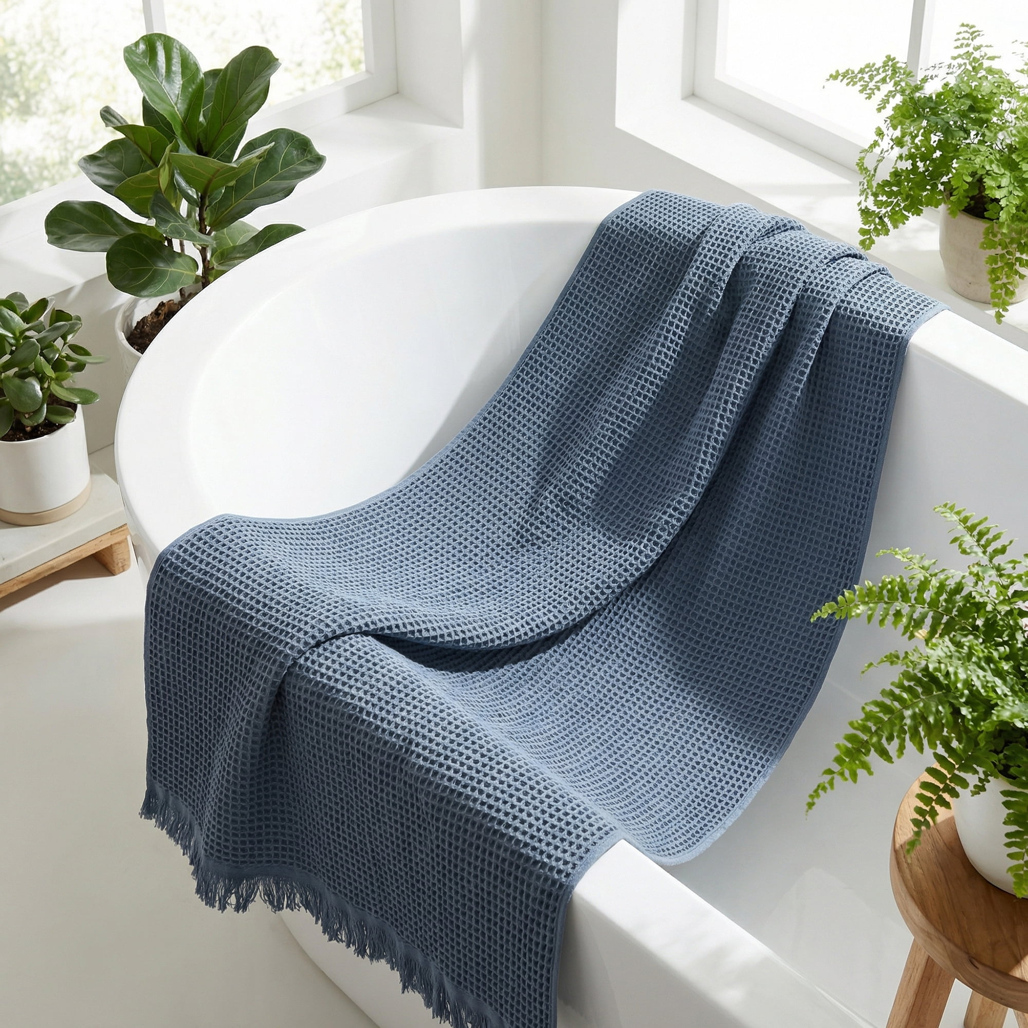 Unique Bargains Highly Absorbent Waffle Bath Towel 2 Pack Navy Blue/Blue 71"x35"