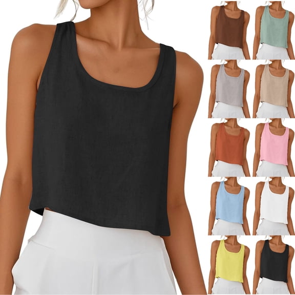 Npasoilc Cotton Linen Summer Crop Tops for Women Sleeveless Round-Neck Shirts Lightweight Breathable Blouse Tops Casual Loose Shirts