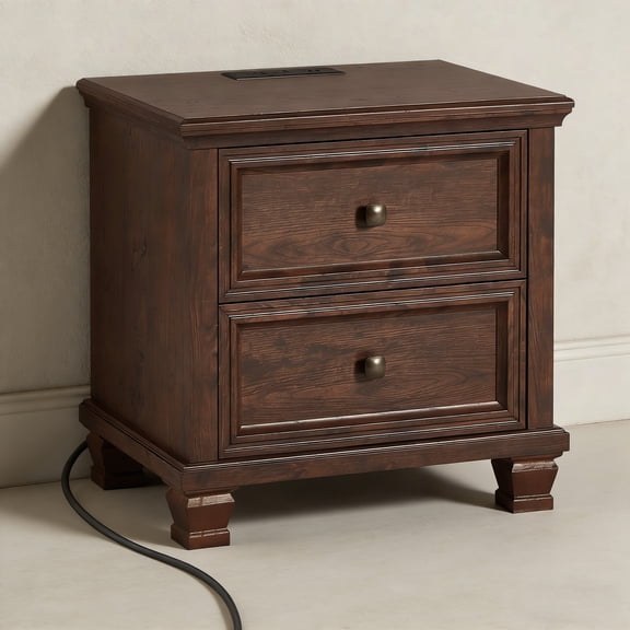 Buildhom Farmhouse Nightstand with Charging Station, 2-Drawer Rustic End Table with Solid Wood Legs for Bedroom, Walnut