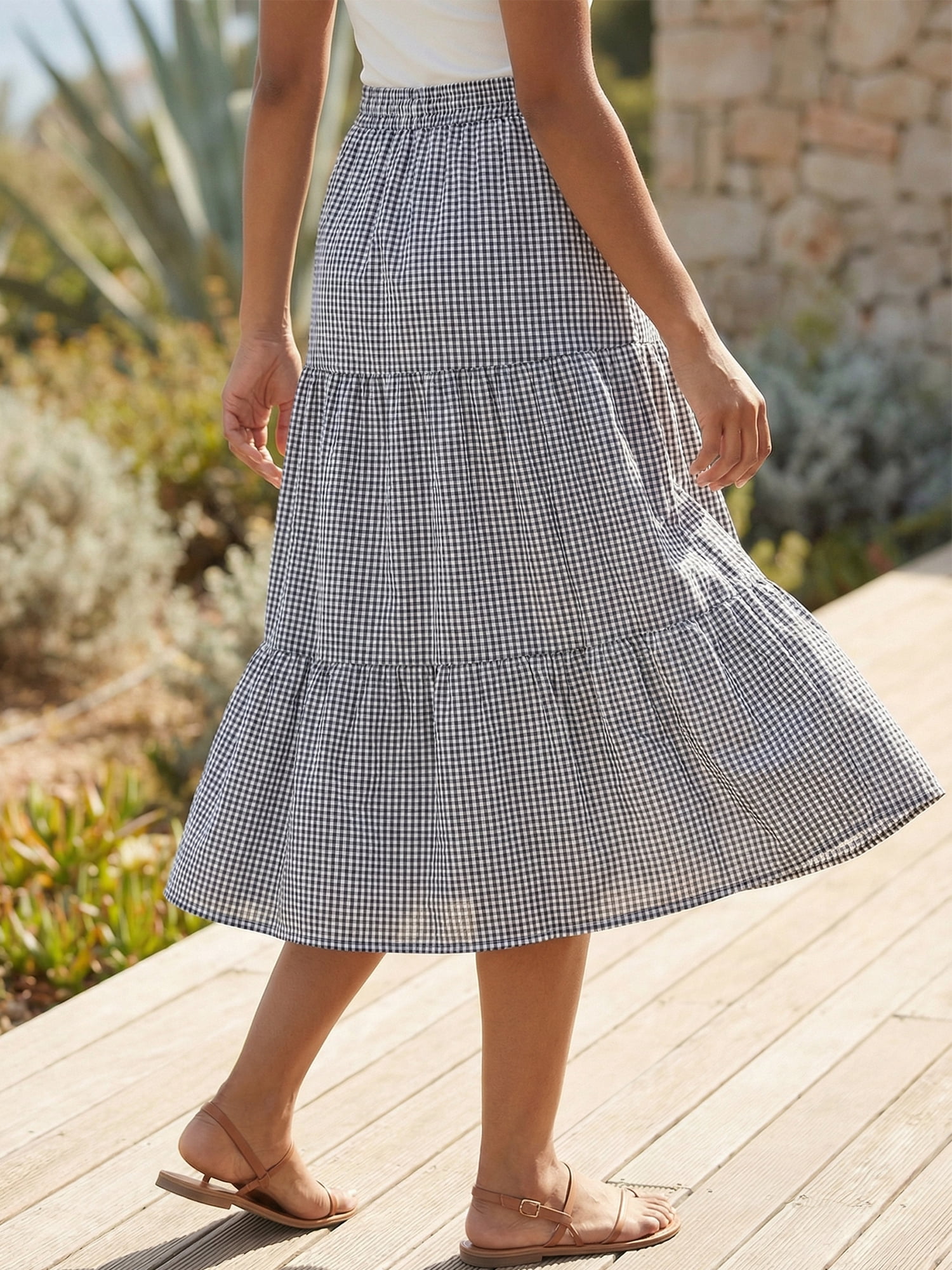 DARING DIVA Women's Gingham Drawstring Waist Tiered A-Line Midi Skirt X-Large Black