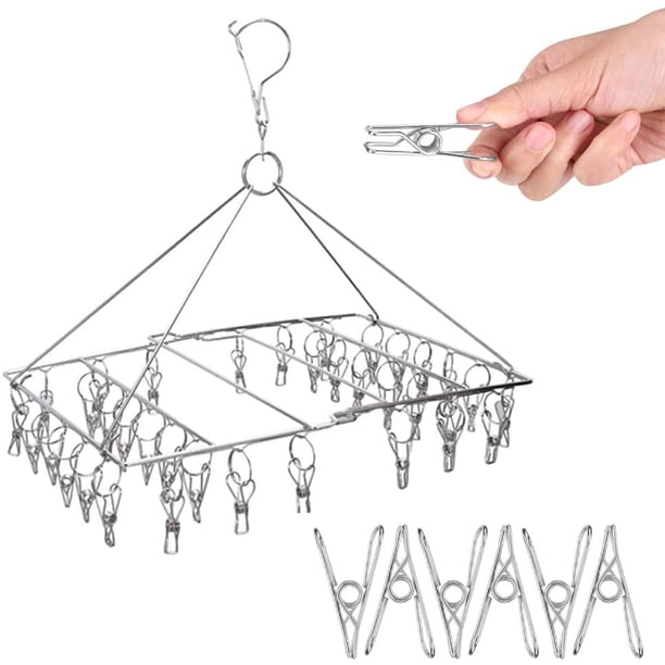 Tendedero de ropa, 36 clips Tendedero de ropa de acero inoxidable Colgador de calcetín plegable, Perchero de ropa interior, Perchas de ropa para secar toallas, sujetadores, lencería, ropa de bebé oso de fresa Juguete