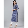 thumbnail image 3 of Janasya Indian Round Neck 3/4 Sleeve Floral Print Blue Cotton Kurta For Women, 3 of 5