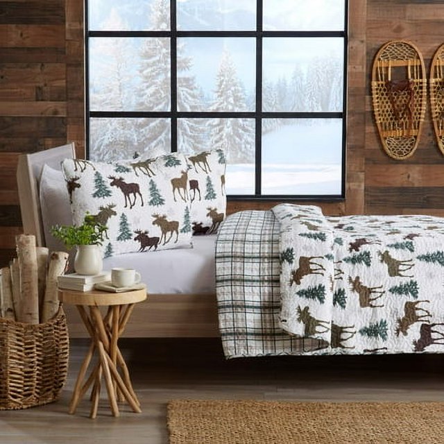 great Bay Home Couvre-Lit Lodge Courtepointe Grand Lit avec 2 Taies d'Oreiller Cabane Ensemble de Courtepointe Réversible 3 Pcs Quatre Saisons Courtepointe Rustique Couvre-Lit Ensemble de Lit collection Nature Sauvage (Orignal - Chocolat)