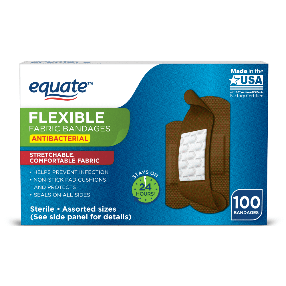 (3 pack) Equate Flexible Fabric Antibacterial Bandages, Dark Bronze, 100 Count