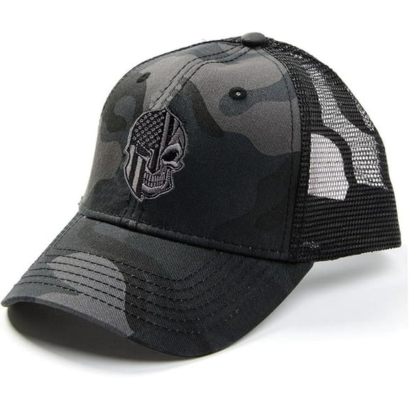 American Flag Warrior Skull Logo Grey Camo Structured Trucker Hat