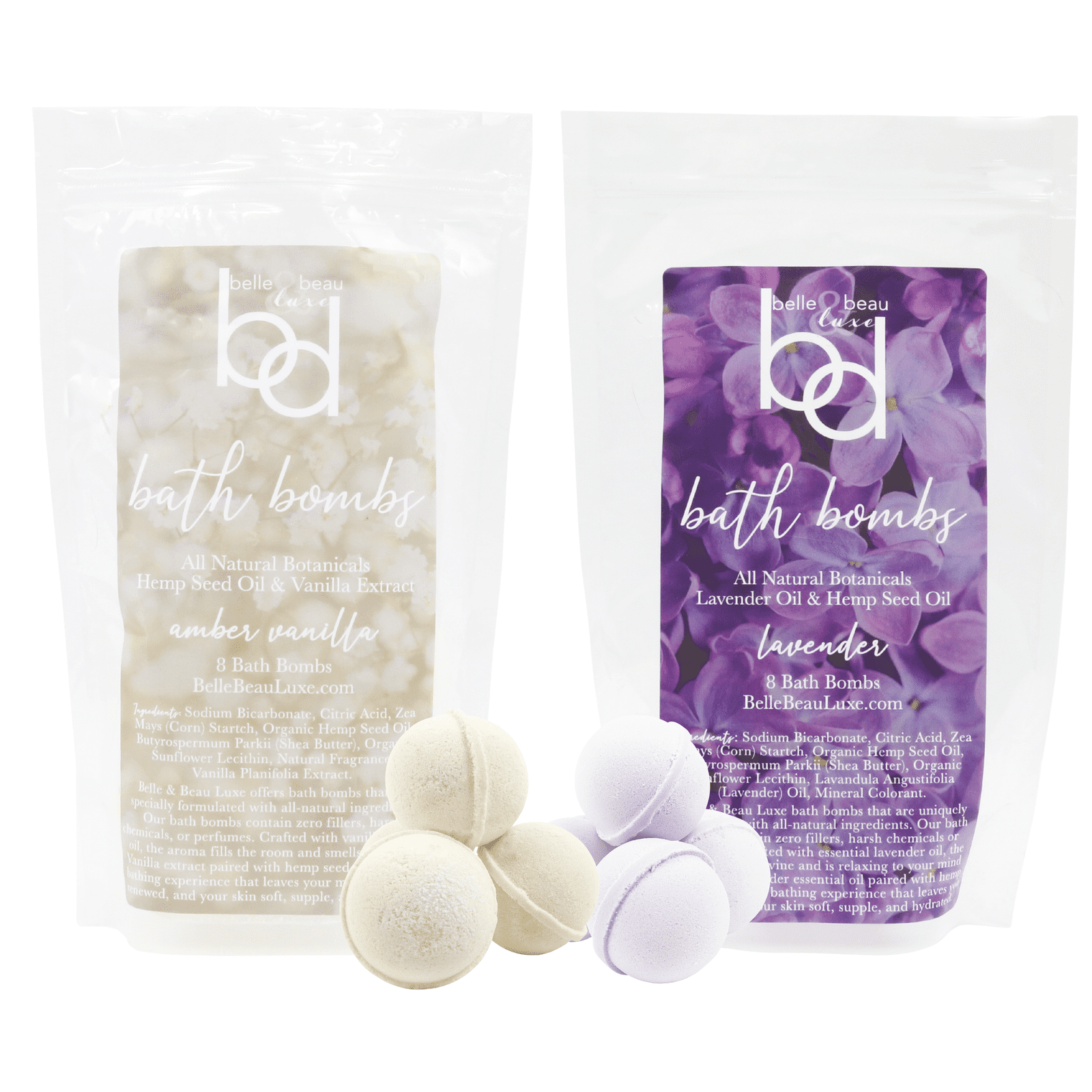 Belle & Beau Luxe All-Natural Amber Vanilla and Lavender Hemp Bath Bombs - Made with Organic Hemp Seed Oil and Pure Essential Oils - 8 Count Each Scent - 16 Total