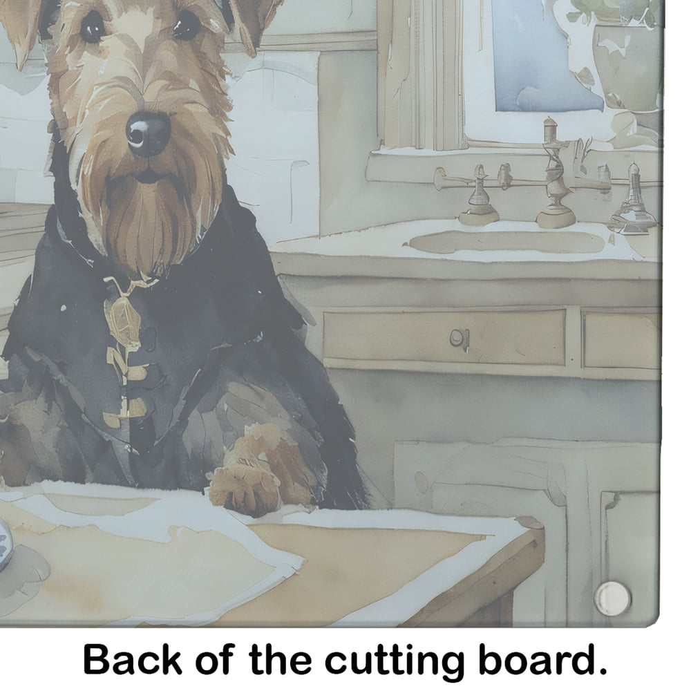 Airedale Terrier Fall Kitchen Pumpkins Glass Cutting Board Large 12 in x 15 in