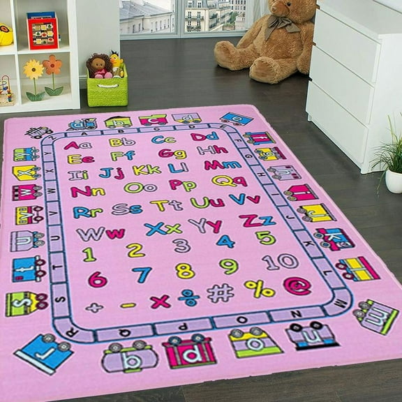 Mybecca Kids Rug ABC Fun Puzzle Soft Nylon Loop Pile Pink Area Rug, 3' x 5' Non-Slip Gel Backing