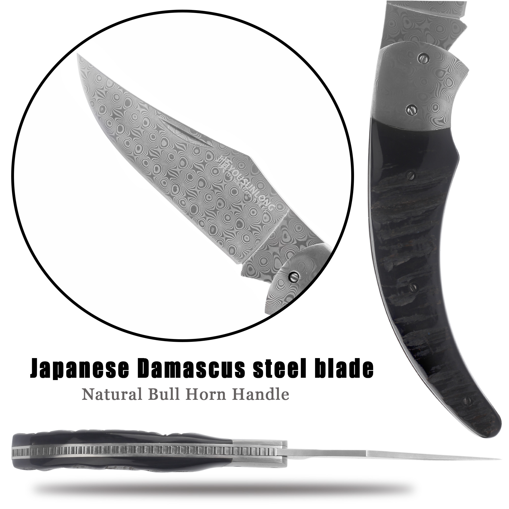 YOUSUNLONG Pocket Knife - Camping Knife Overall 205mm Damascus Steel Black Buffalo Horn Handle