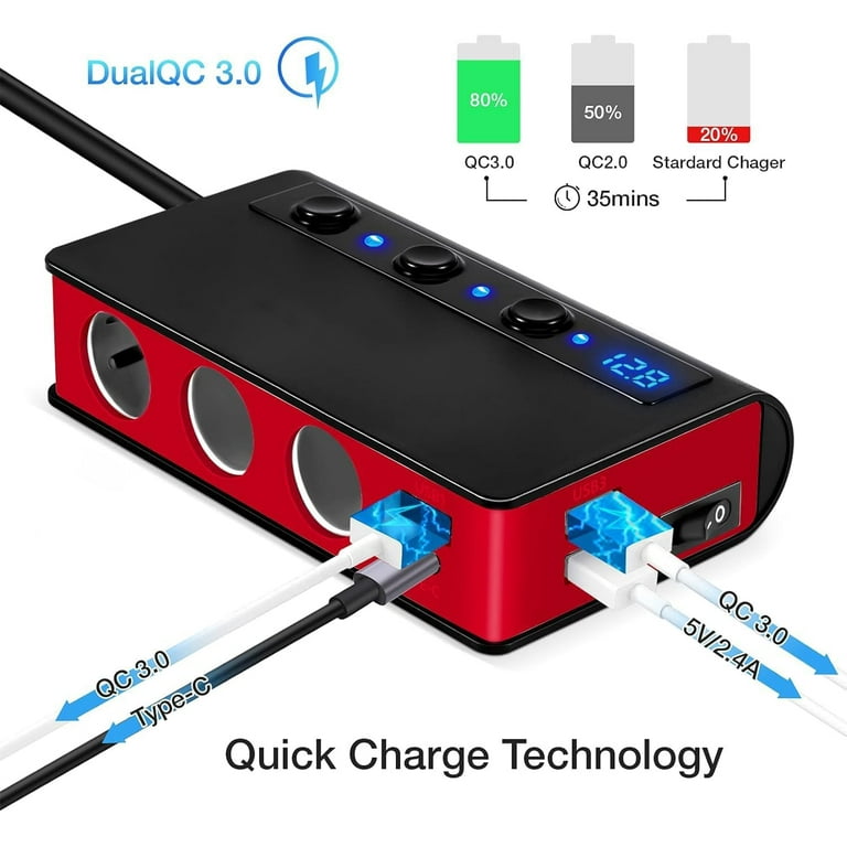 what voltage is a cigarette lighter socket Quick Charge 3.0 Cigarette Lighter Adapter,180W 12V/24V 3-Socket DC Power  Car Splitter with 6.6A 4 USB Ports,LED Display Voltage, Individual Switch
