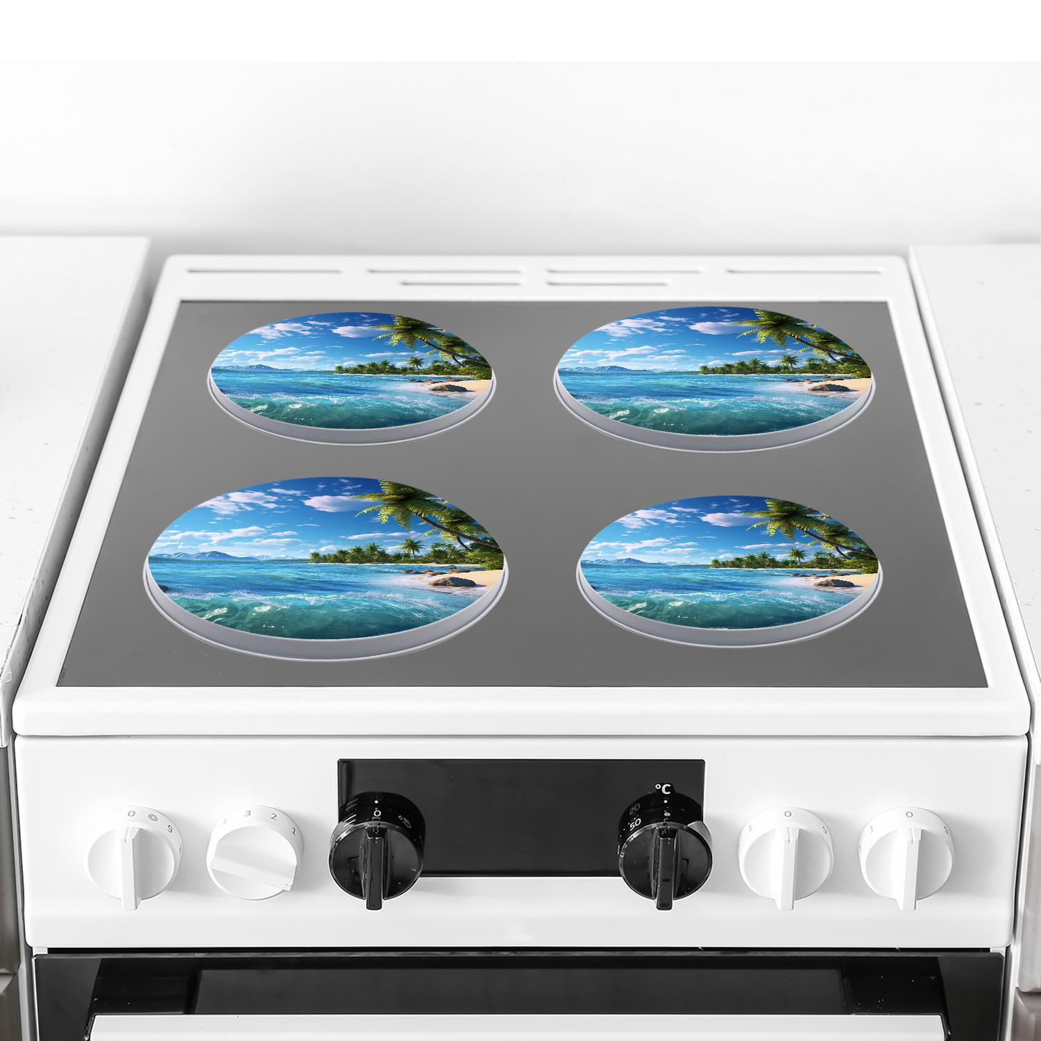 Round Stove Burner Covers 4 Pcs Metal Electric Stove Burner Covers 8Inch And 10Inch ,Palm Trees Beach Astronaut Hawaiian Tropical Seashore pattern