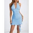 thumbnail image 4 of Women Halter Deep V Neck Ruched Bodycon Dress Summer Mesh Hem Cocktail Club Party Short Mini Dresses Light Blue L, 4 of 8