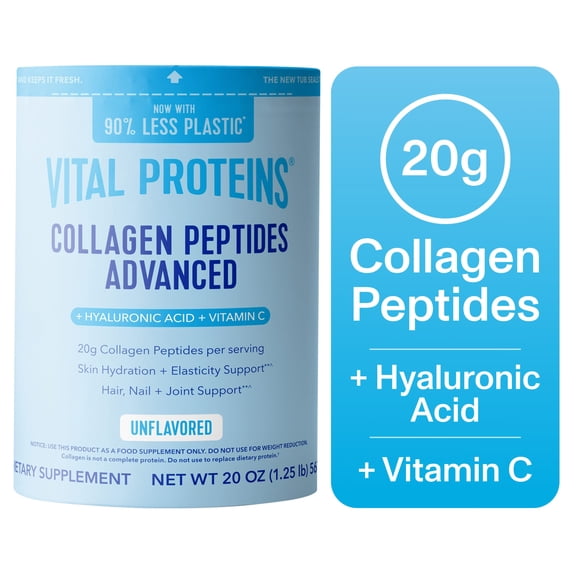 Vital Proteins Grass Fed Collagen Peptides Powder Advanced Supplement with Hyaluronic Acid Vitamin C, Unflavored Collagen Support, 20 oz