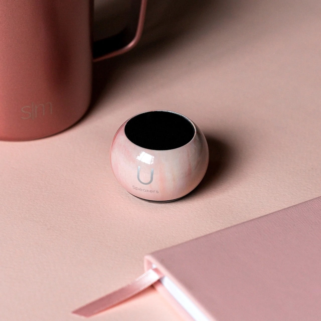 Fashionit U Speakers Mini Bluetooth Computer Speaker 2-Pack Bundle with Matching Speaker, Built-In Mic & Selfie Remote Control, for Workspace, Desktop, Laptop, Mobile, Tablet, PC - Pink Marble