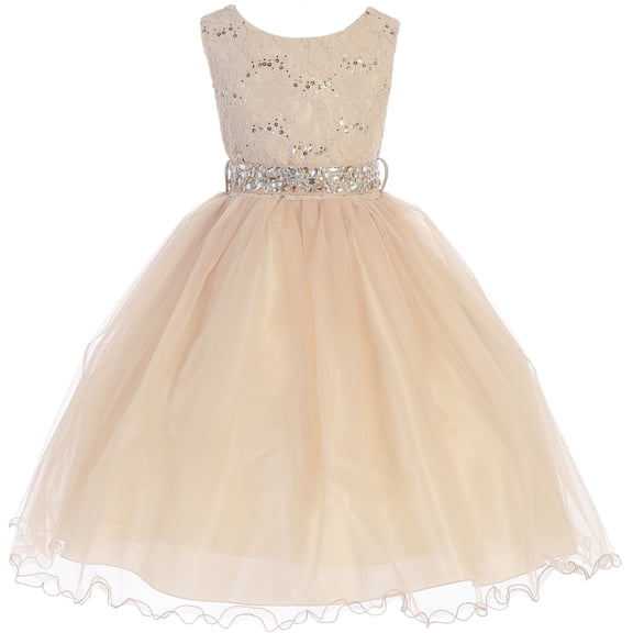 Little Girl Glitters Sequined Bodice Double Layer Tulle Rhinestones Sash Flower Girl Dress Taupe 2 JK3670 BNY Corner