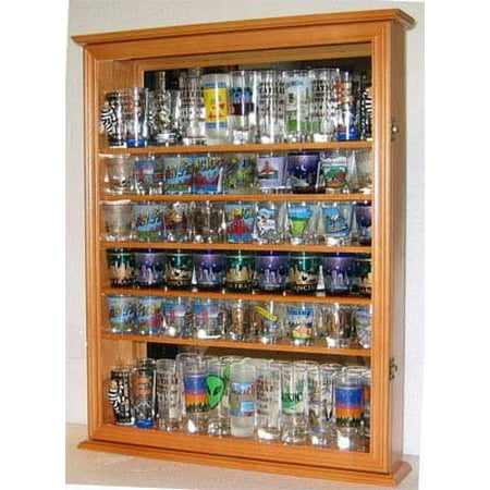 - Large 72 Shot Glass Display Case Cabinet Rack Holder-Glass Door, Mirror Back (Oak Finish)