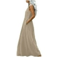 thumbnail image 4 of Women Tank Midi Dress Summer Crewneck Linen Sleeveless Pleated A Line Business Casual Formal Spring Dresses Khaki M, 4 of 7