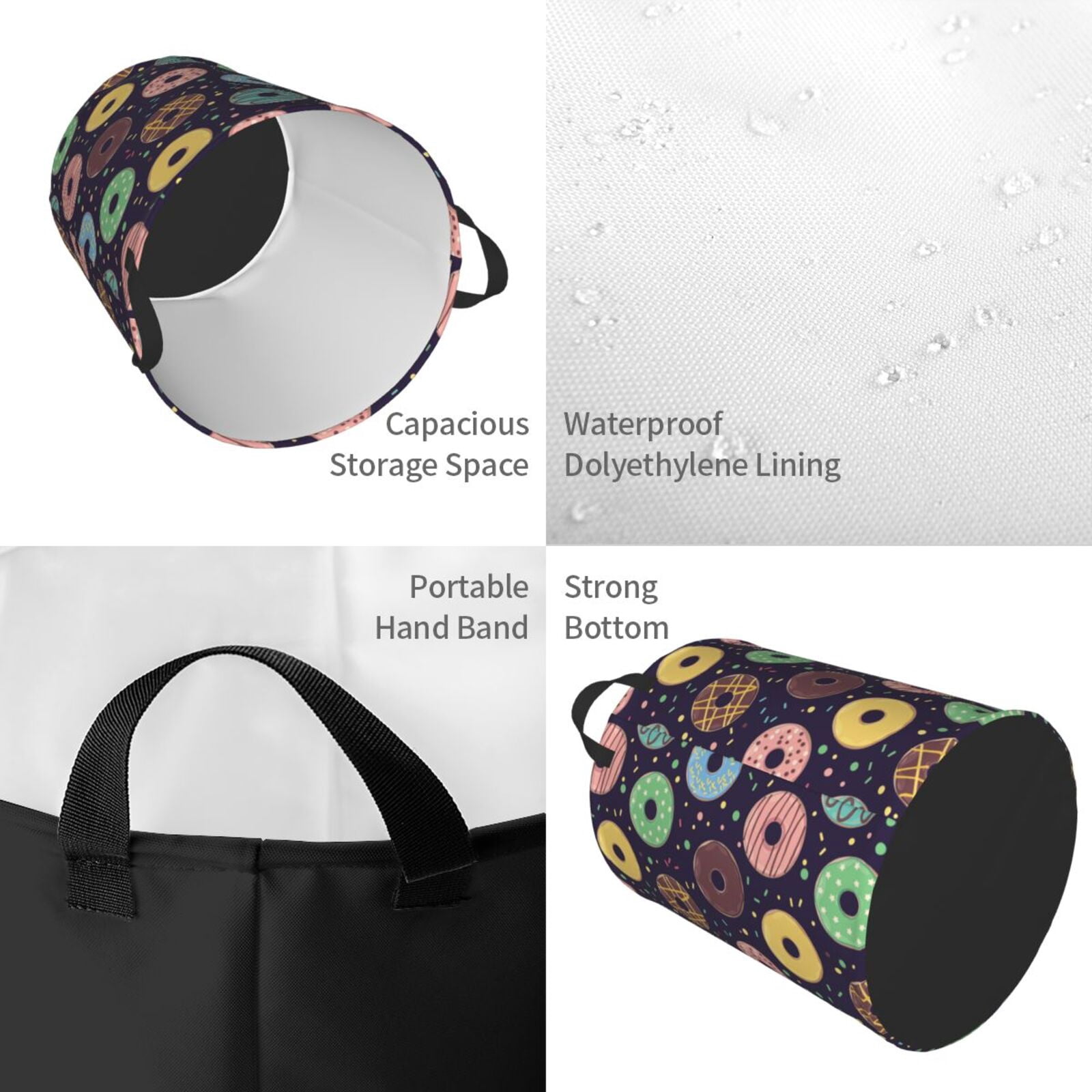 Large Laundry Basket with Handles - Donut Print No.9065 Kids Baby Dirty Clothes Laundry Hamper for Bedroom Aesthetic