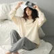 thumbnail image 4 of Pijama de cuadros de manga larga de algodón puro para mujer, conjunto de ropa de casa sencillo y bonito, estilo Ins, blanco, ligero para primavera y otoño, 4 of 4