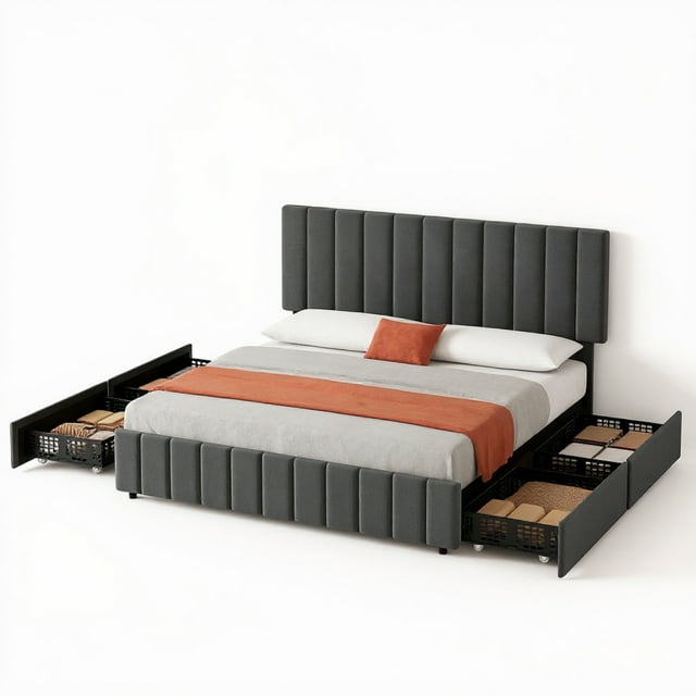 Garvee King Size Metal Platform Bed Frame with 4 Storage Drawers and Headboard, linen Upholstered, Gray