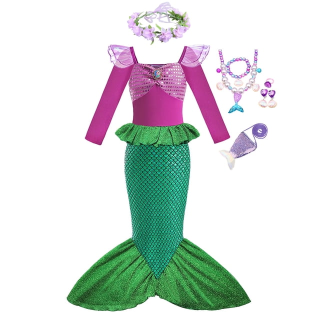 Vestidos de princesa de Disney Sirenita Ariel para niñas, fiesta de cumpleaños, carnaval, niños, disfraces de sirena, ropa de graduación, 2T (etiqueta 100) Gao Jinjia LED
