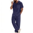 thumbnail image 4 of gbyLJF Men's 2 Pieces Cotton Linen Set Casual Short Sleeve Button Up Hoodie & Long Pants Beach Vacation Summer Outfits, 4 of 9