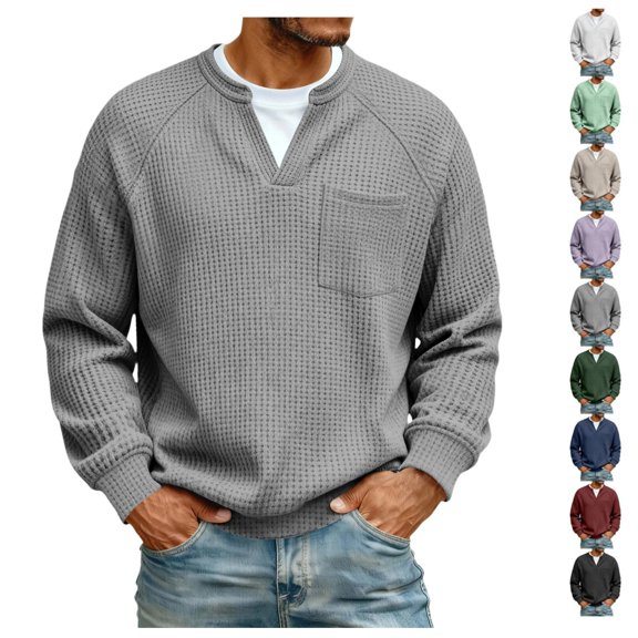 Mens Waffle Long Sleeve Shirt Big and Tall V Neck Shirts Warm Quilted Pullover Shirts Plain Relaxed Fit Knit Tops