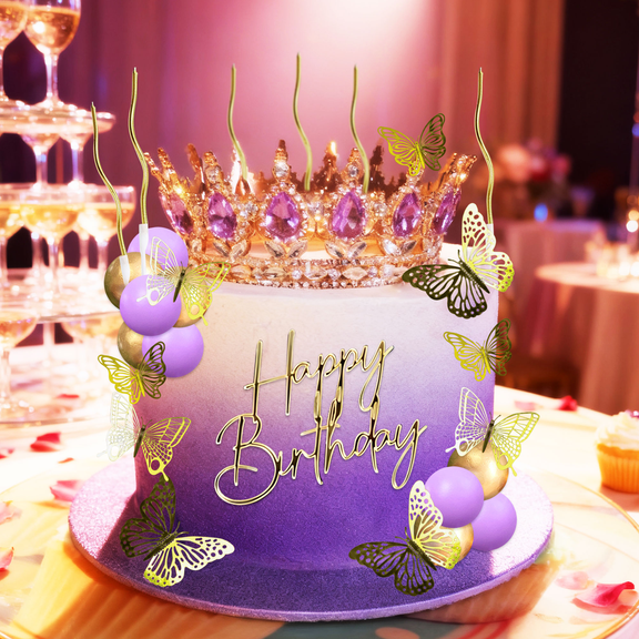 Purple Crown Cake Decorations Set - Luxury Queen Theme Gold & Purple Party Decor for Birthday Anniversary