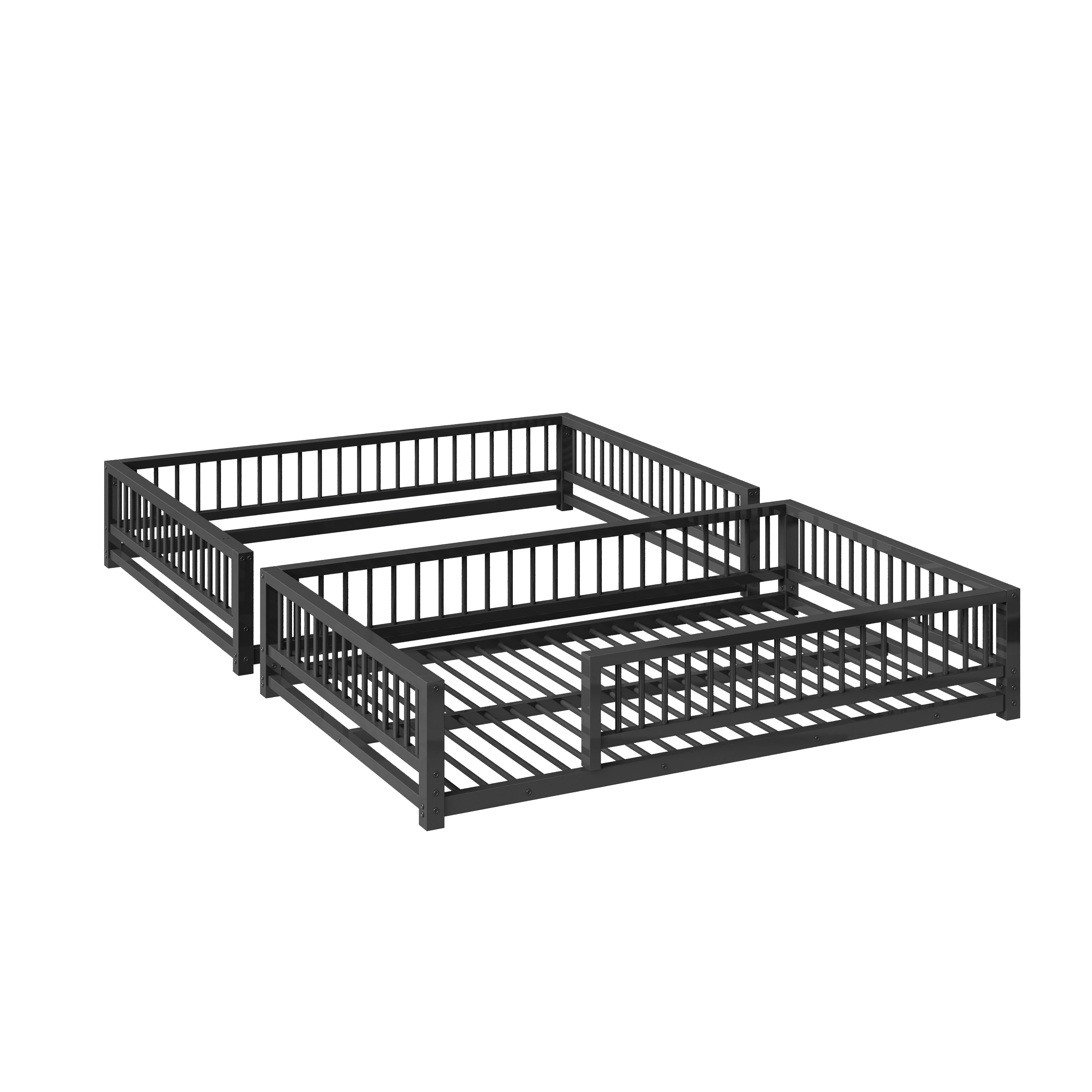 Euroco Metal Full XL over Queen Bunk Bed, Convertible Floor Bed with Ladder and Guardrails, Black