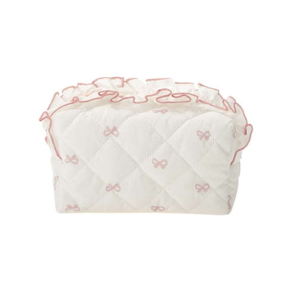 Unique Bargains 1 Pc Large Lace Bow Ruffles Makeup Bag Pink Polyester