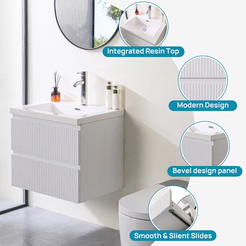 Wonline 23.8inch Bathroom Vanity Cabinet with Sink and Double Drawers(White)