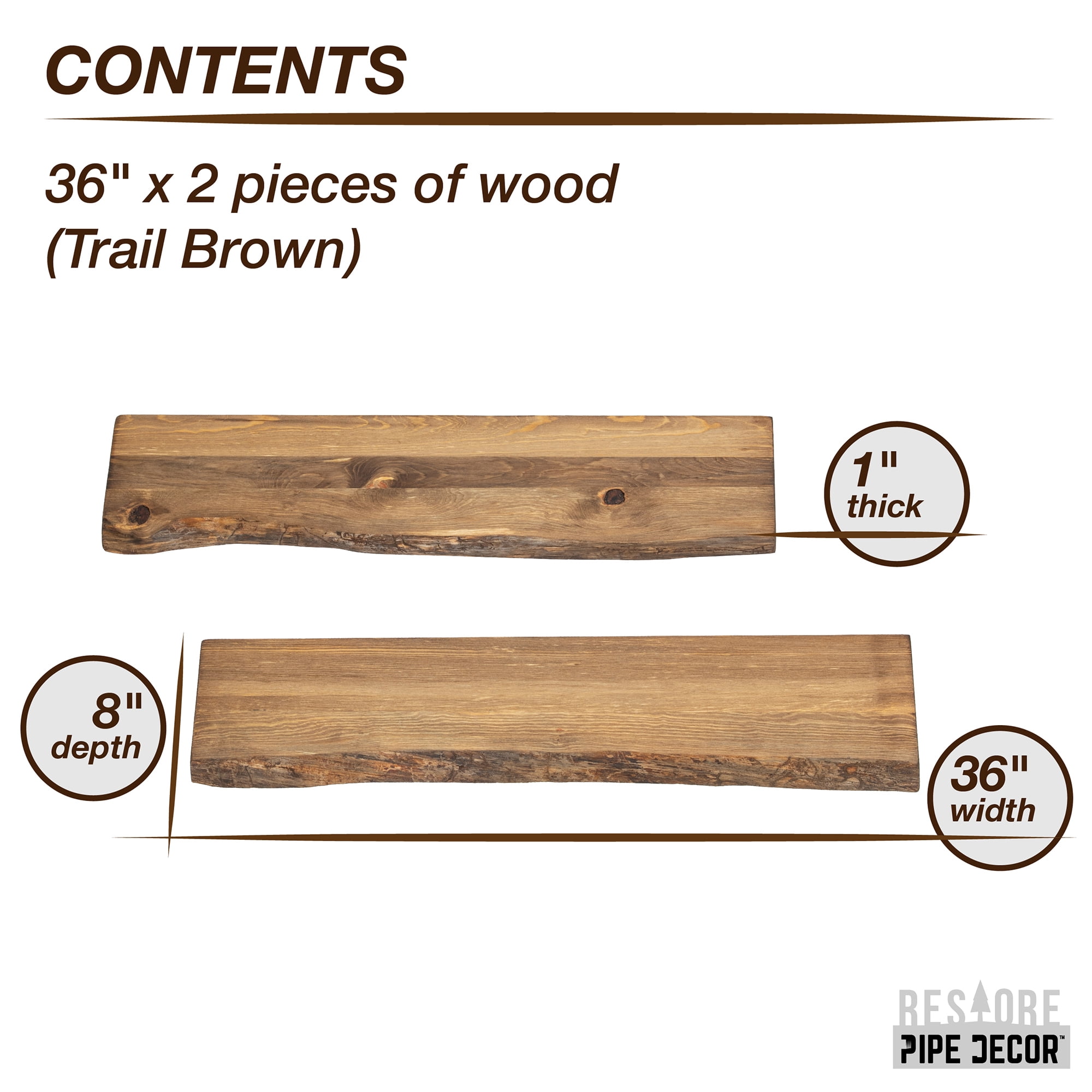 PIPE DECOR 8'' x 36'' Live Edge Wood Hand Stained Floating Shelf (2 Count)