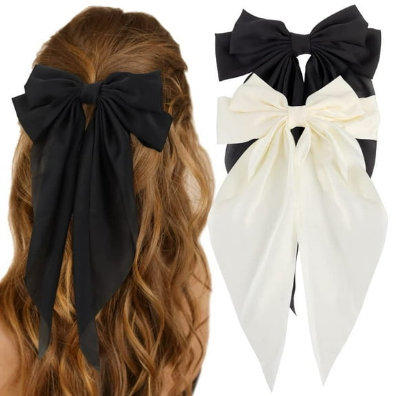 NOGIS Silky Satin Hair Bows 2 Pcs Big Hair Bows for Women Hair Ribbons Oversized Long Tail White Hair Bow Black Hair Bow Large Hair Ribbon Barrettes Metal Clips Bowknot Hair Accessories
