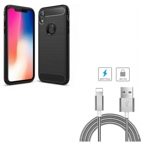 Metal USB Cable w Case for iPhone XR - 6ft Charger Cord Power Wire Long, Carbon Fiber Slim Fit Cover Reinforced Bumper Shock Absorbent Compatible With iPhone XR