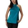 thumbnail image 1 of INSPIRAR CHIC Blusa sin mangas para mujer con cuello halter y lazo en la espalda de satén, color azul pavo real, talla L, 1 of 6