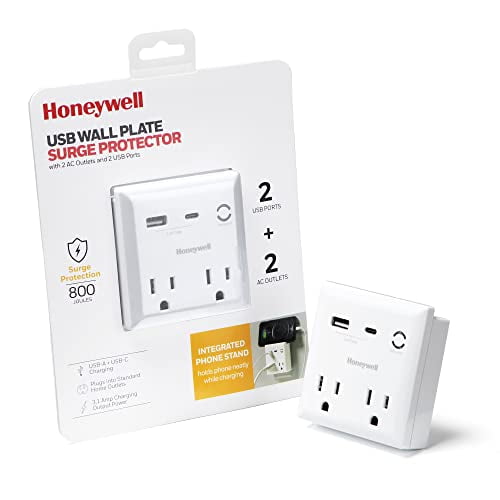 Honeywell USB Wall Plate Surge Protector 2 AC Outlets, USBA and USBC