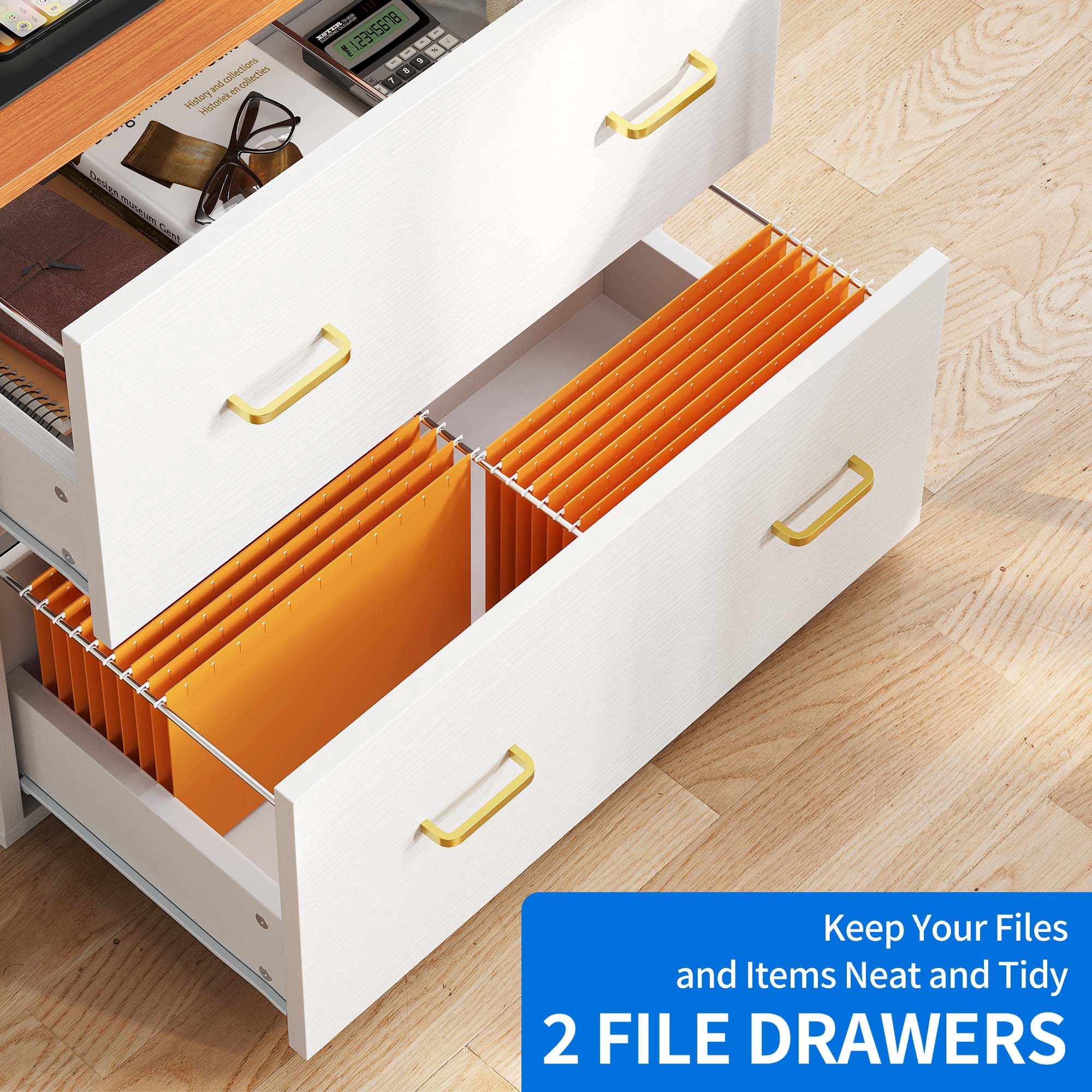 Dextrus 2 Drawer File Cabinet with Charging Station, Wood Lateral Filing Cabinet Printer Stand Fits A4 Letter Legal Size Files, White & OAK