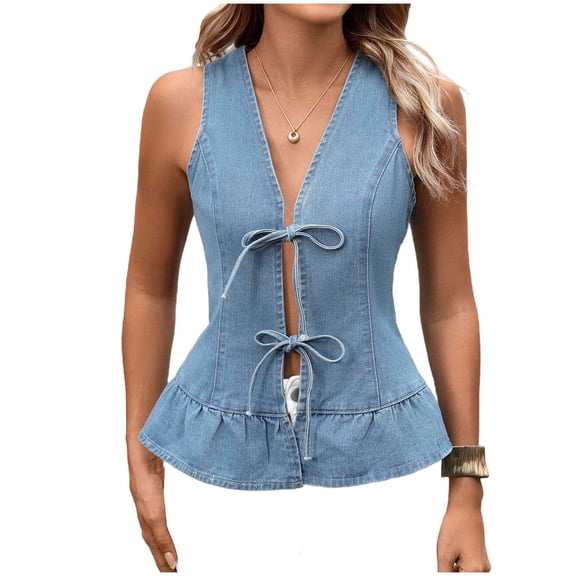 VEKDONE Women's Bow Tie Front Denim Vest Solid Color V Neck Ruffle Hem Tank Tops Western Sleeveless Jean Tanks Outerwear Light Blue XL