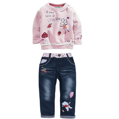 

1-6T Kids Baby Girl s Long Sleeve Cartoon Pullover Shirt Sweatshirt and Jeans Pants Outfit Set