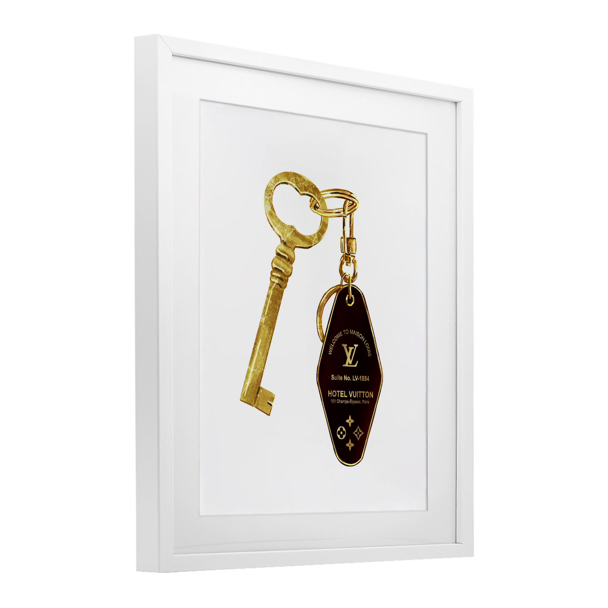 Glam Gold Key Fashion White Framed Print Under Glass, design by Ziwei Li