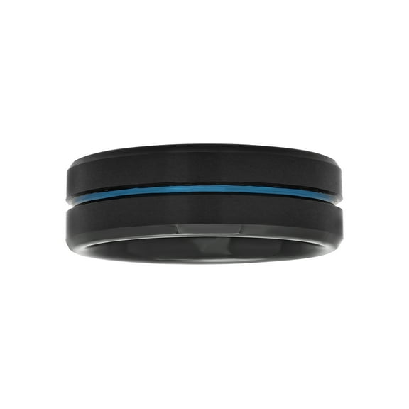 Mens Black & Blue Tungsten 8MM Grooved Comfort Fit Wedding Band - Mens Ring