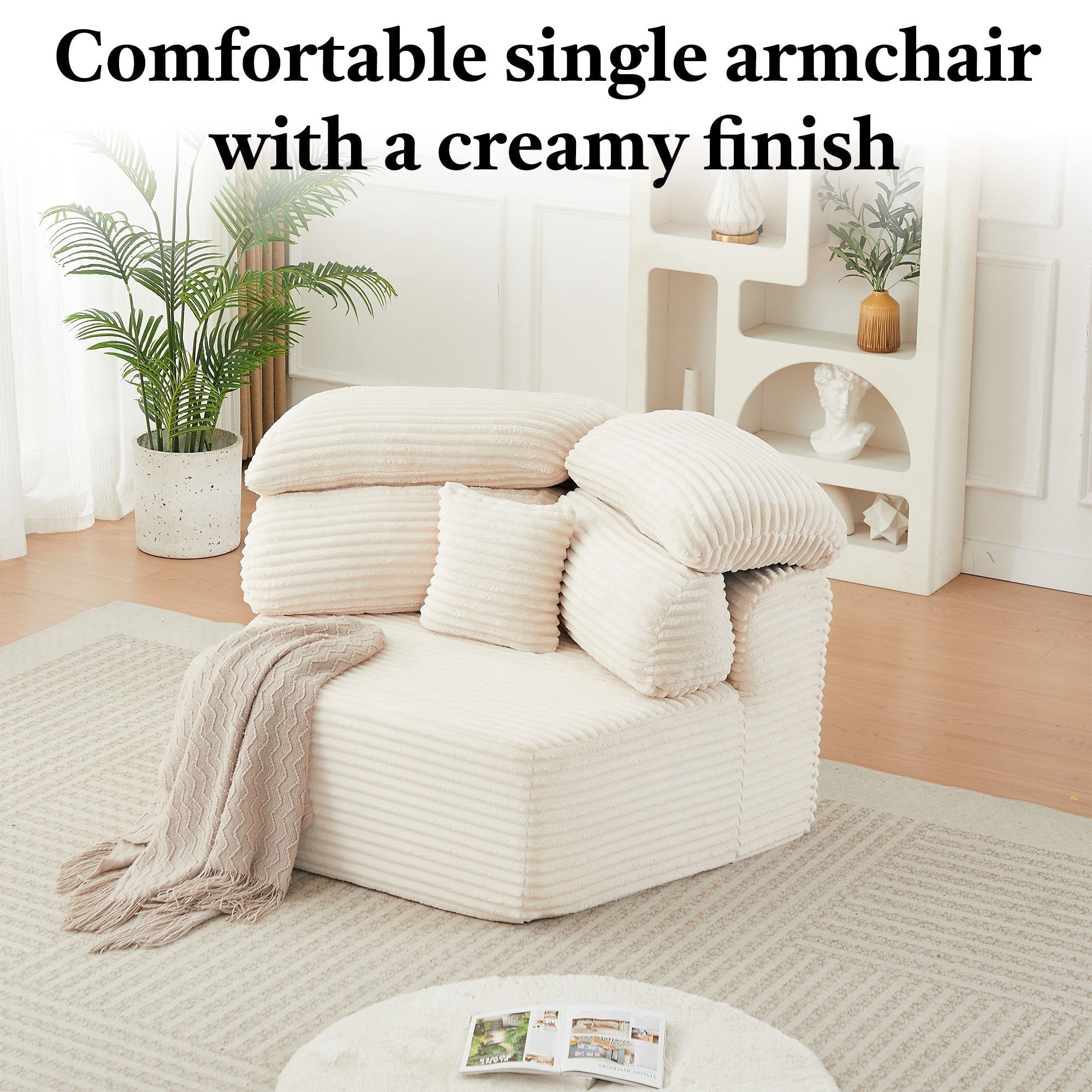Sailvan 53" Modern Cream Modular Lounge Chair, Pentagonal Chenille Single Seater Cloud Sofa with Enveloping Pillows, Cozy Foam Armchair Beige