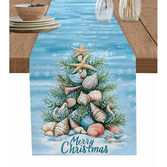 Blue Coastal Christmas Burlap Cotton Table Runner 13x108 Inches Long, Nautical Summer Beach Shell Conch Farmhouse Table Runners, Outdoor Dining Tablecloths Decor for Baby Shower/Party/Wedding