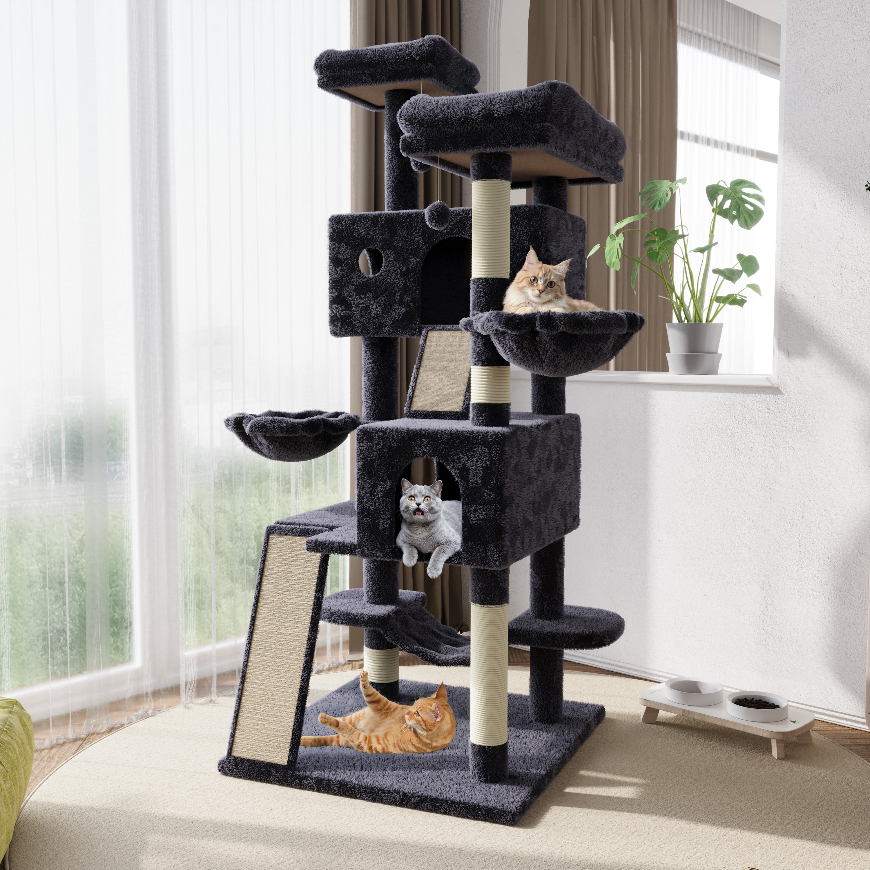 Amolife 65.7" Large Cat Tree and Tower Condo for Cats with 2 Scratching Boards, Hammock & Post, Dark Blue