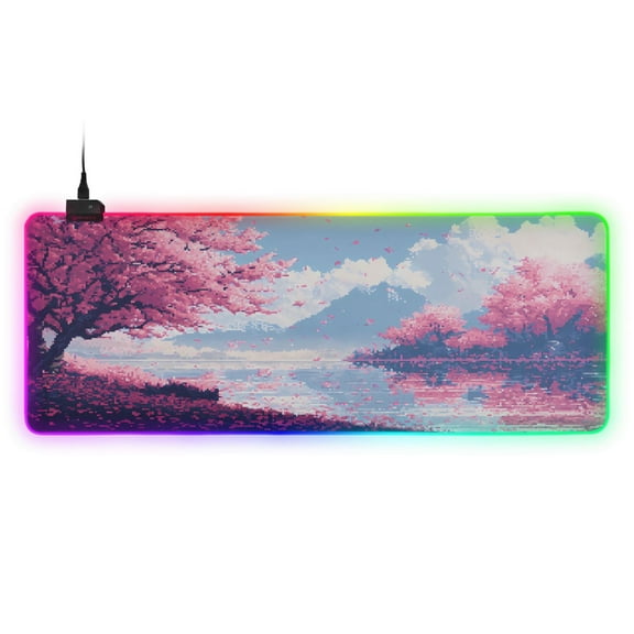 Large RGB Gaming Mouse Pad Led Glowing Mousepad Non-Slip Rubber Base 13 Light Modes 31.5x11.8 Cherry Blossom Trees with Falling Petals