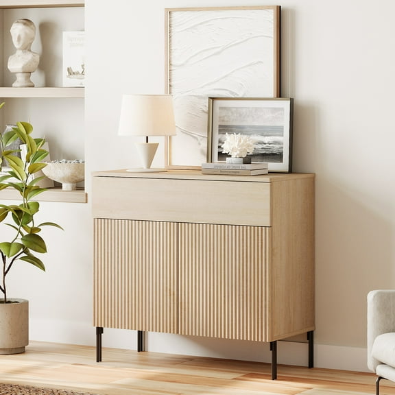 31.5" Reeded Accent Cabinet with 2 Doors and Drawer, Modern Credenza Storage Cabinet with Metal Legs for Living Room, Kitchen, Dining Room, Hallway