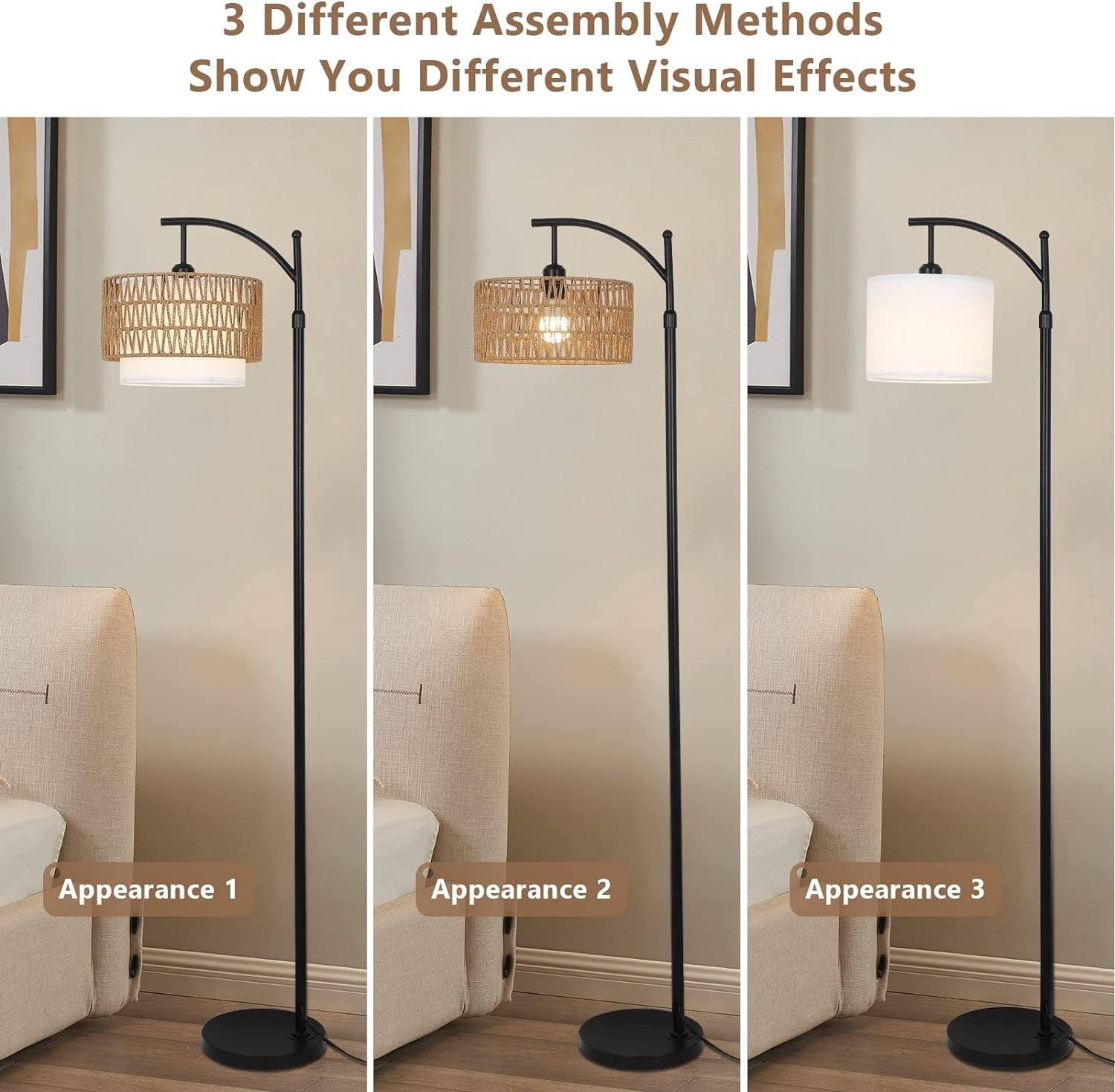 Arc Floor Lamp with Rattan and Fabric Shades, Dimmable, Remote Control, Adjustable Height