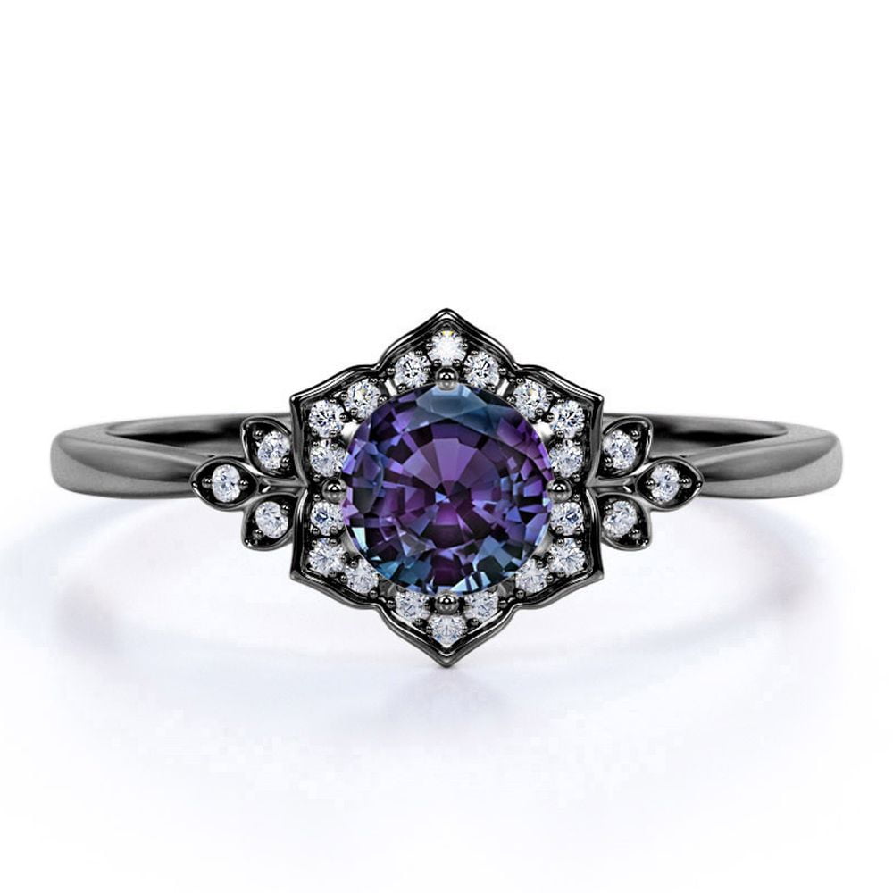 JeenMata Pinched Shank .75 Carat Round Cut Lab Created Alexandrite and Moissanite Lily Frame Engagement Ring in 18k Black Gold over Silver