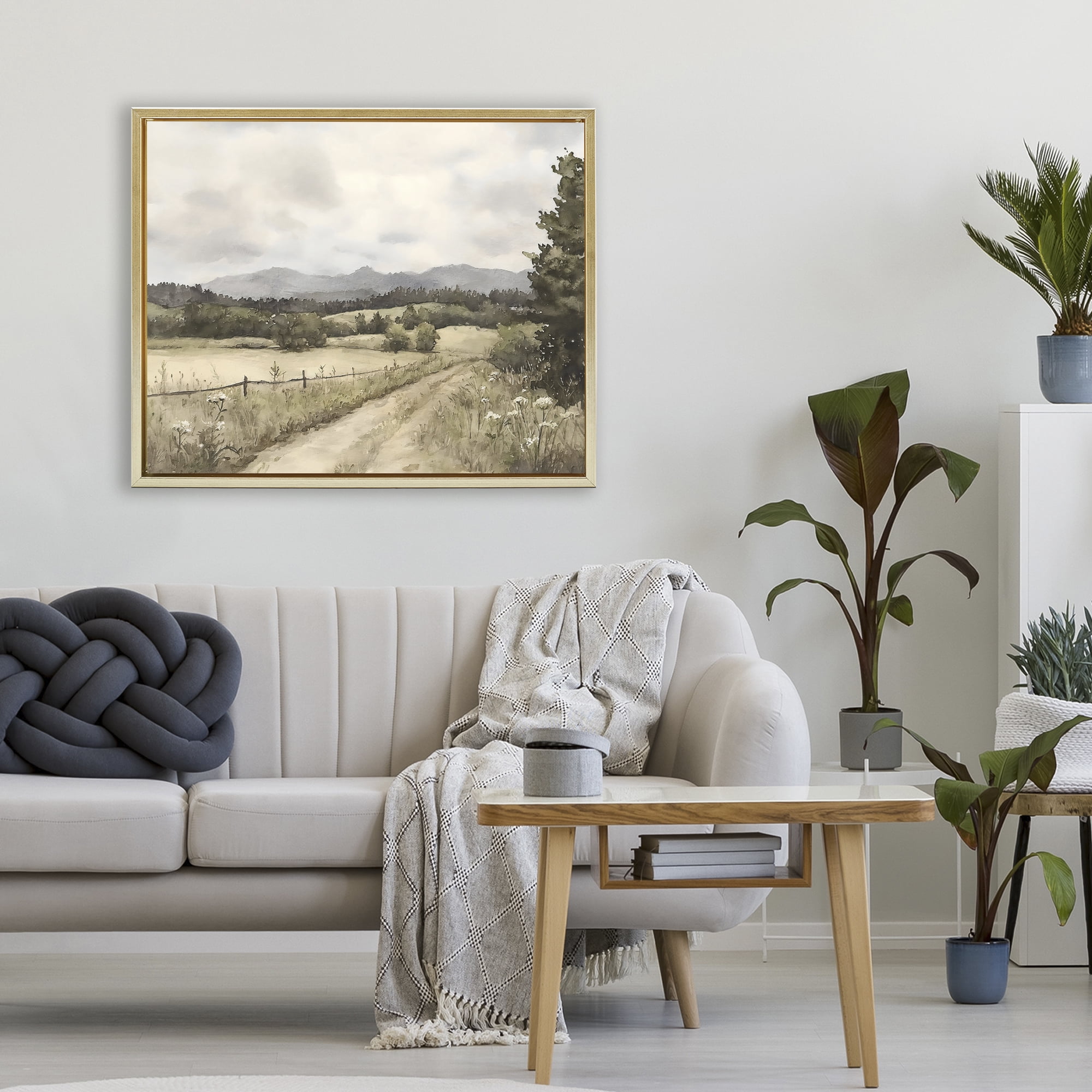 Stupell Industries Muted Meadow Lane Gold Framed Floater Canvas Wall Art, design by Riley B